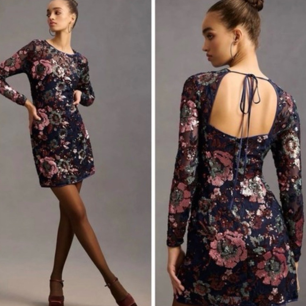 Anthropologie Sequin Lined Mini Dress Party Navy Size 2